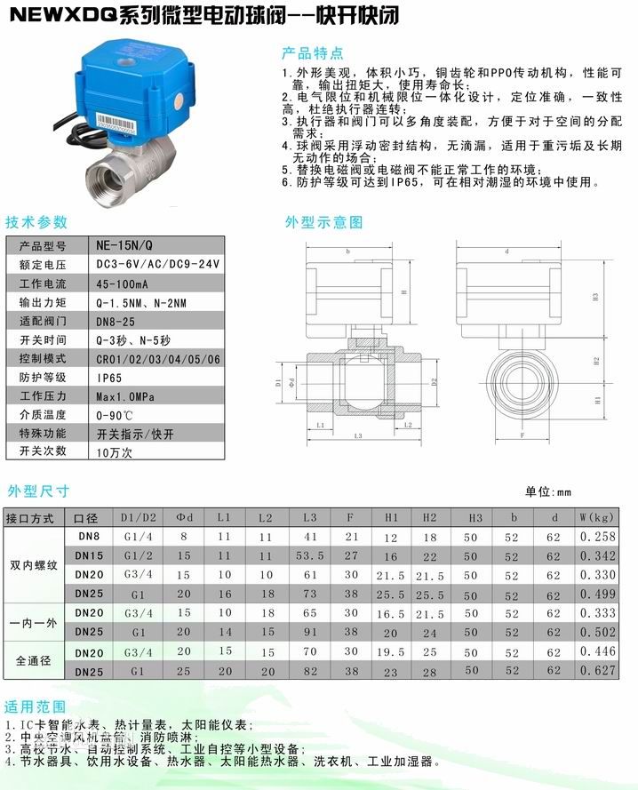 微型電動(dòng)球閥規(guī)格型號(hào)/常開(kāi)型/常閉型